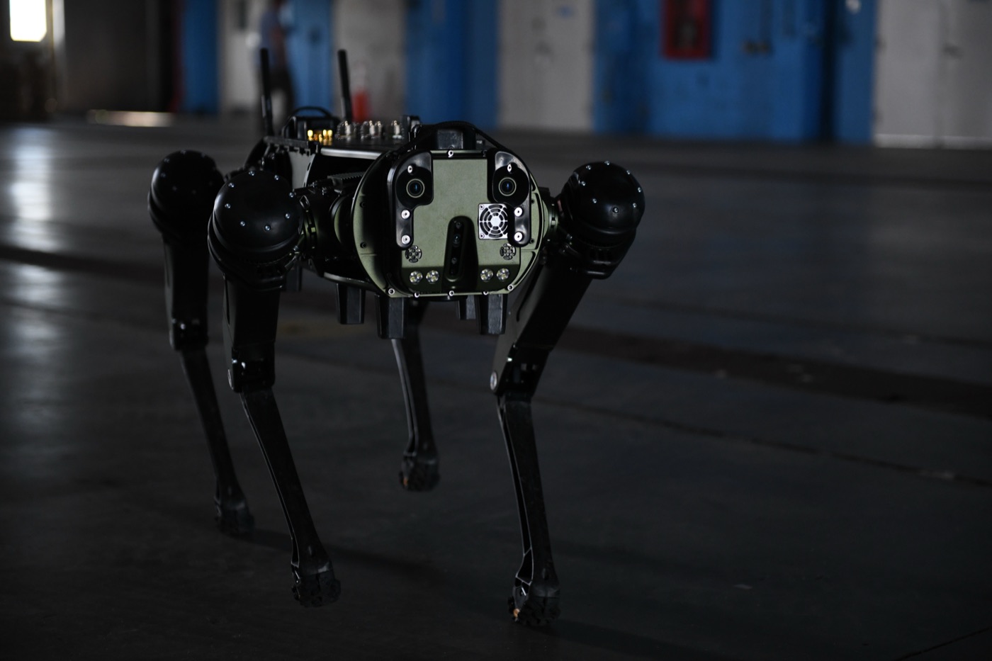 A Ghost Robotics Vision 60 quadrupedal unmanned ground vehicle demonstrated by the US Space Force.