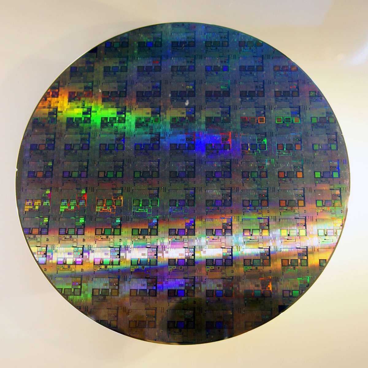 A 300-millimeter patterned silicon wafer, the substrate every modern logic chip is fabricated on.