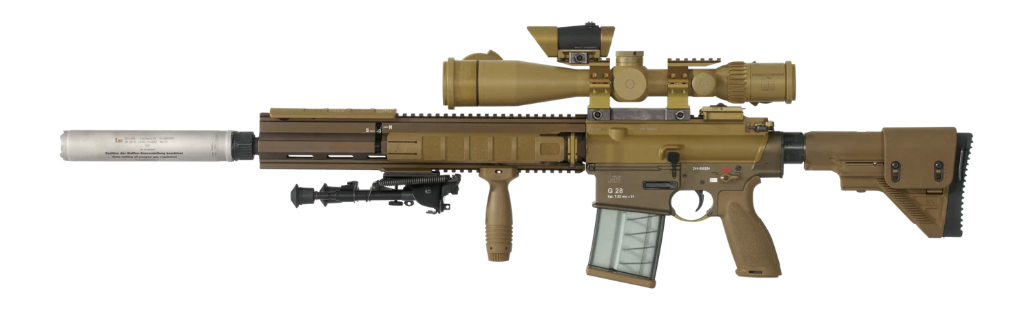 A G28 designated marksman rifle, Germany's semi-automatic precision rifle derived from the HK417.