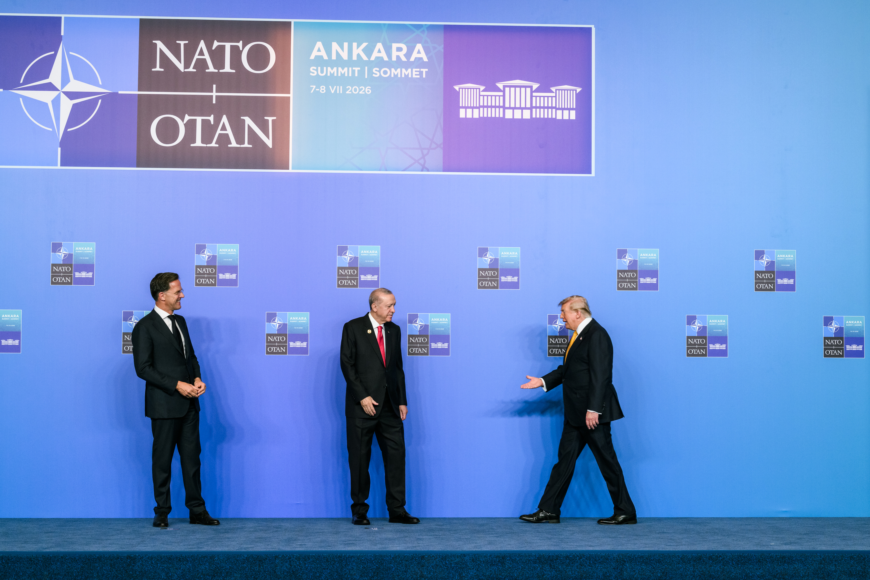 President Trump is greeted by NATO Secretary General Mark Rutte and Turkish President Erdogan at the Bestepe Presidential Compound in Ankara