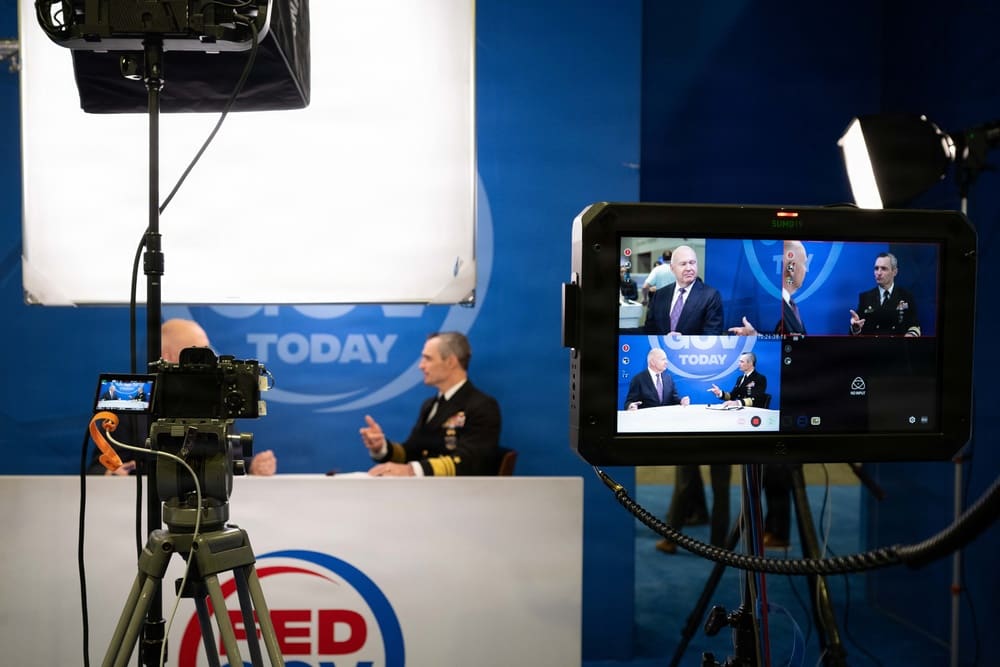 Vice Admiral Doug Perry, commander of U.S. 2nd Fleet, gives a media interview at Sea-Air-Space 2026 in National Harbor, Maryland
