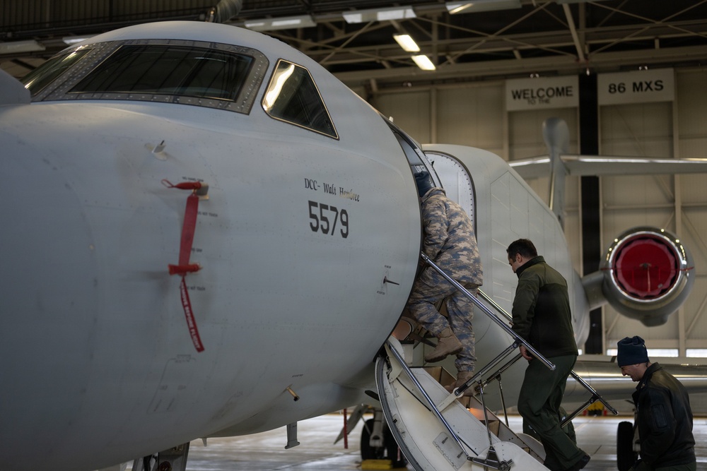 EA-37B Compass Call electronic-warfare aircraft, a modified Gulfstream G550 jet, on a visit to Ramstein Air Base, Germany