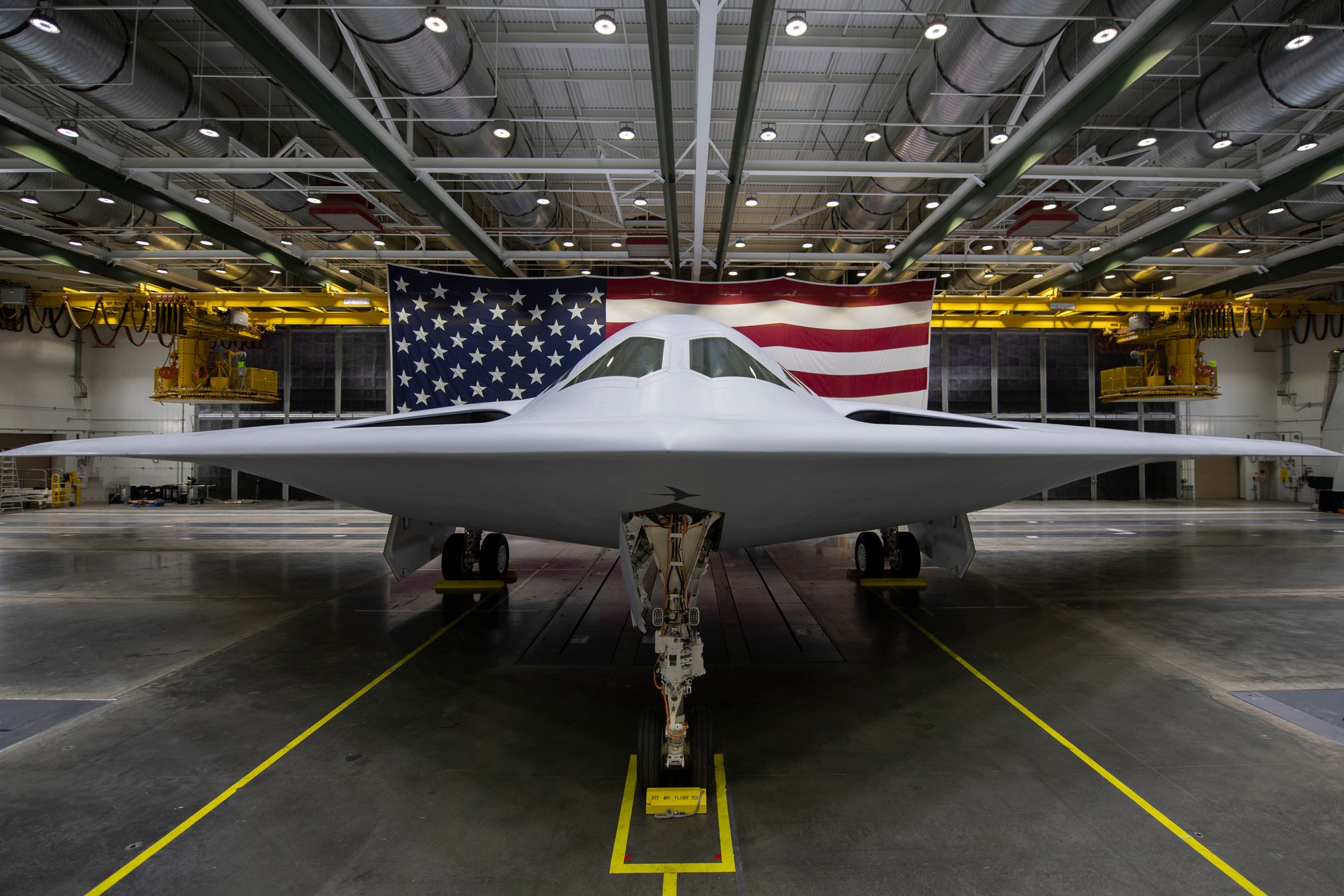 The B-21 Raider stealth bomber on display at its public unveiling ceremony