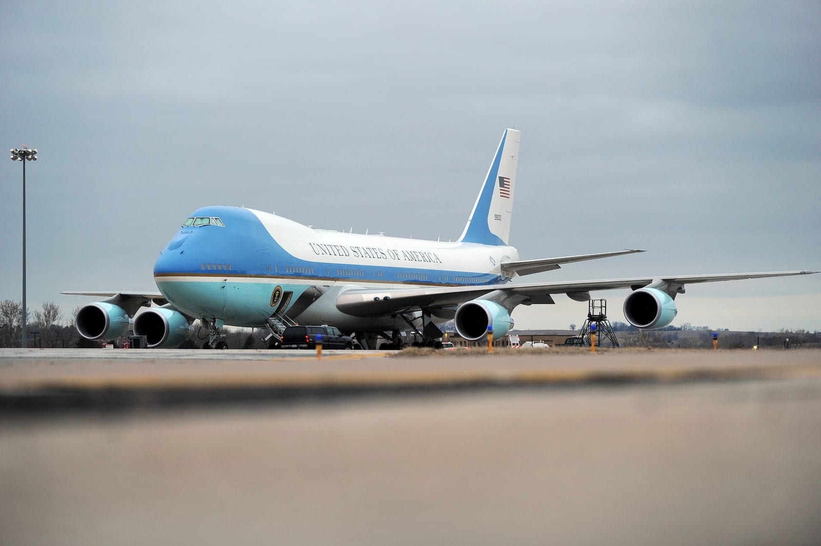 The current VC-25A Air Force One parked on the ramp at Offutt Air Force Base, Nebraska