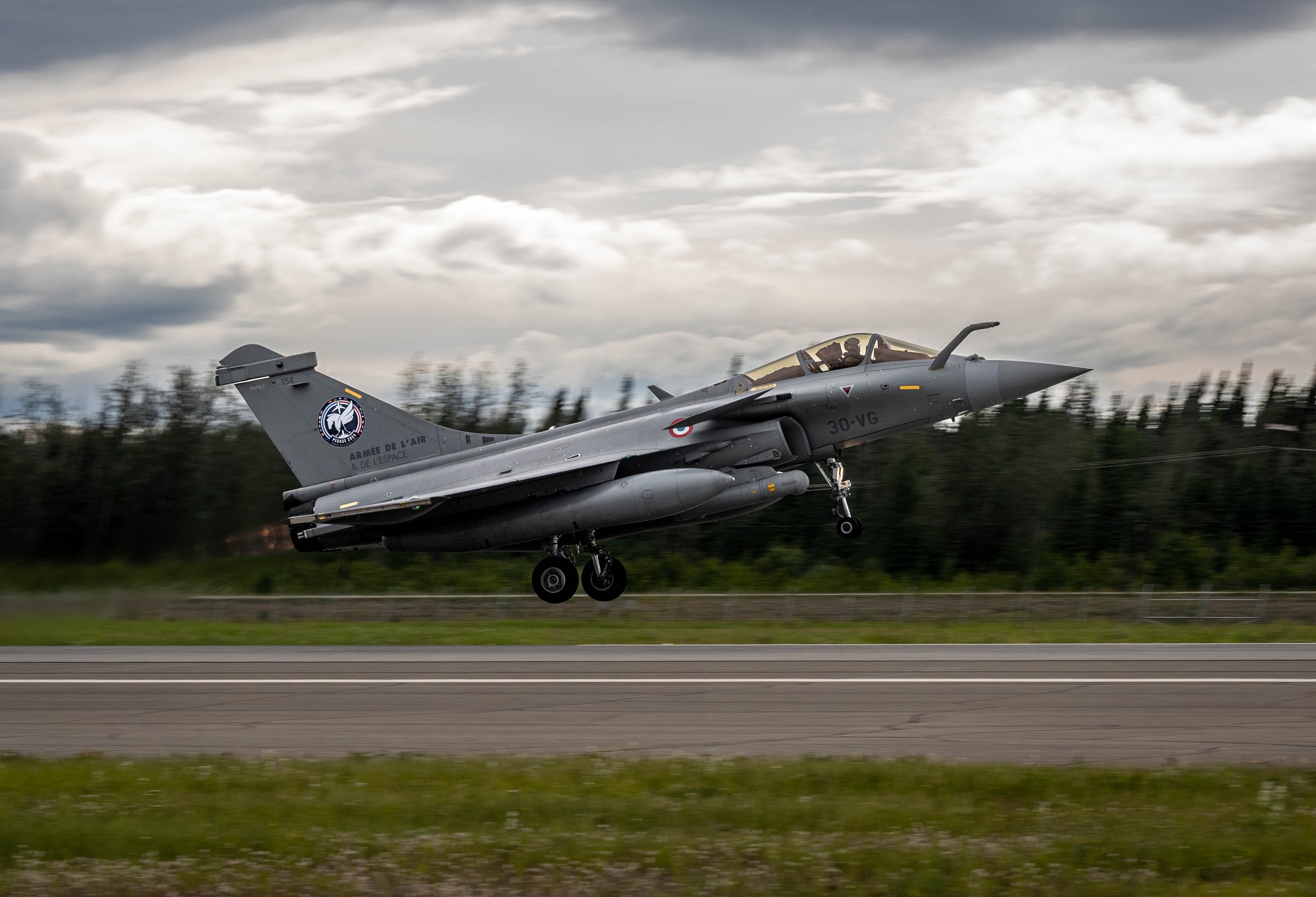 French Air and Space Force Dassault Rafale taking off during Arctic Defender 24 exercise at Eielson Air Force Base, Alaska