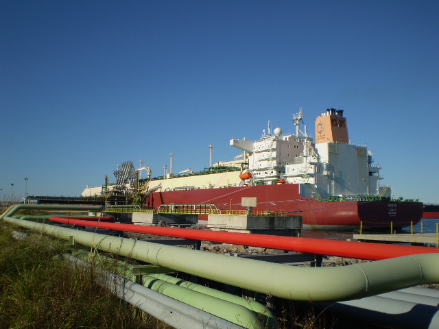 The Q-Max-class LNG carrier Mozah at sea, a representative Qatari liquefied natural gas tanker