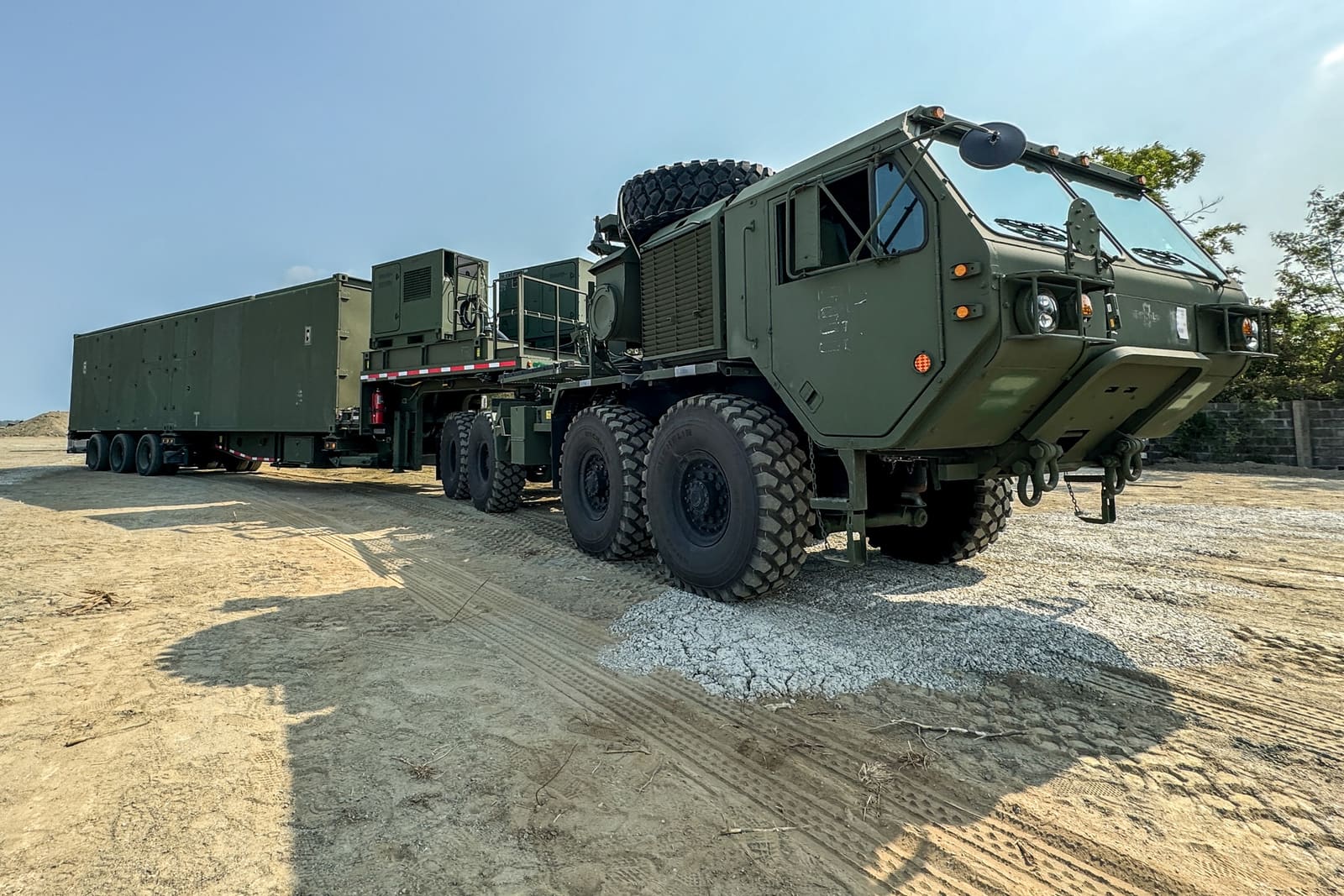 A U.S. Army Typhon Mid-Range Capability missile launcher on a trailer, arriving for its first overseas deployment
