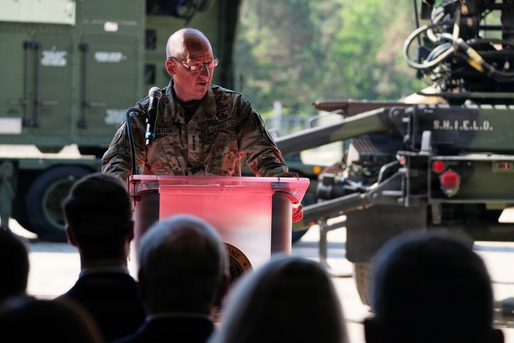 Gen. Michael Guetlein speaking at a Golden Dome for America event at Joint Expeditionary Base Little Creek-Fort Story, Virginia