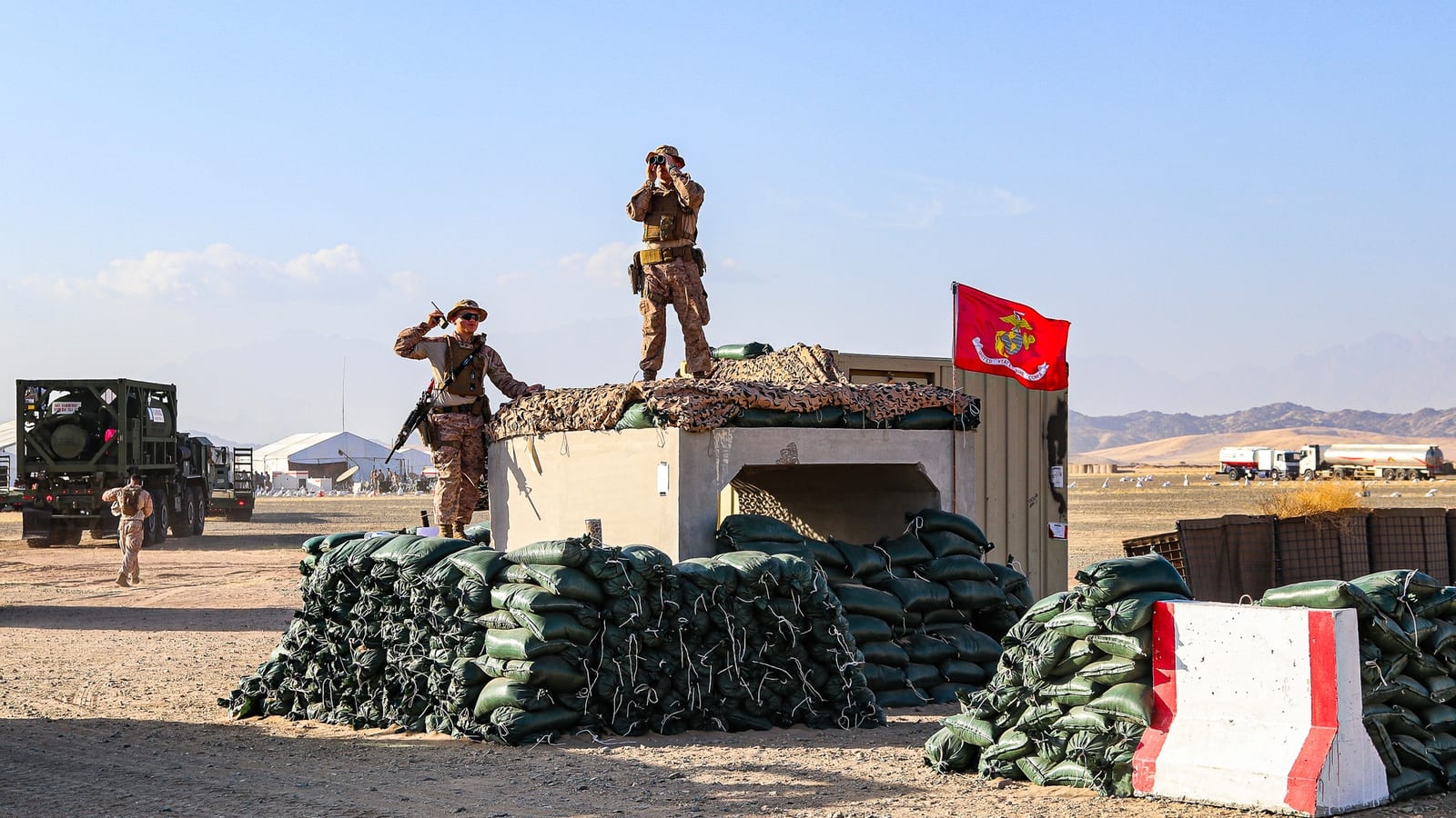 U.S. Marine Corps military police at Logistics Support Area Jenkins, Yanbu commercial port, Saudi Arabia, during Exercise Native Fury