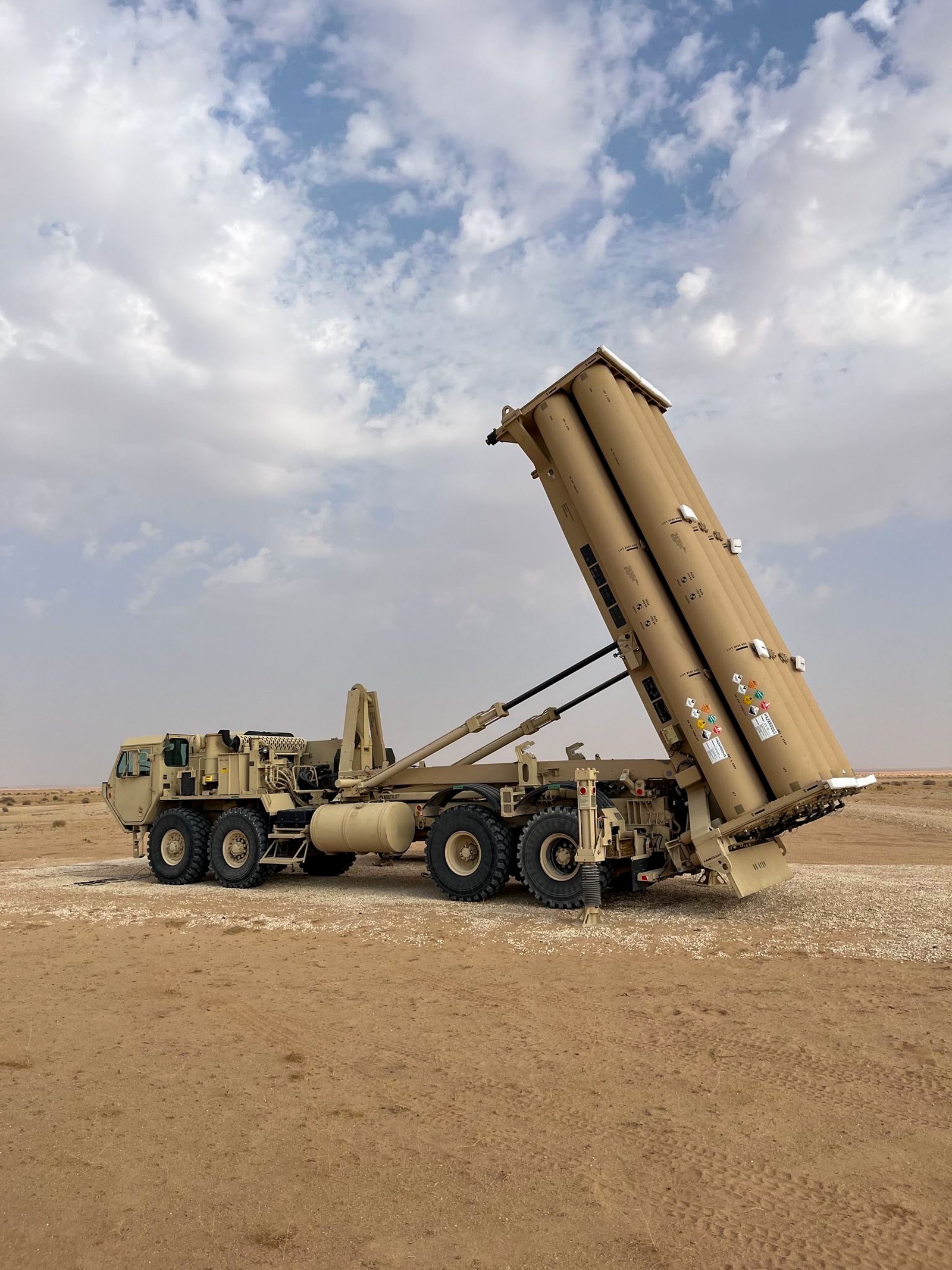 A THAAD launcher emplaced and prepared to fire interceptors in the CENTCOM area of responsibility
