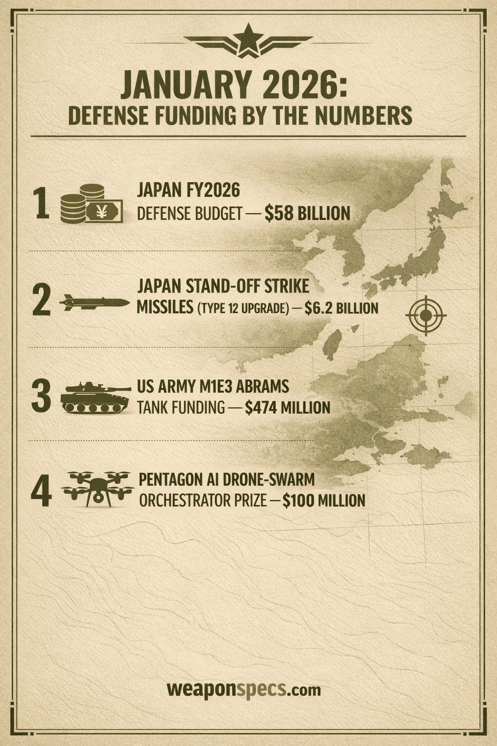 Ranked-list infographic comparing January 2026 defense funding figures: Japan's total FY2026 defense budget at $58 billion, its $6.2 billion stand-off strike carve-out, US M1E3 tank funding at $474 million, and the Pentagon's $100 million AI drone-swarm prize.
