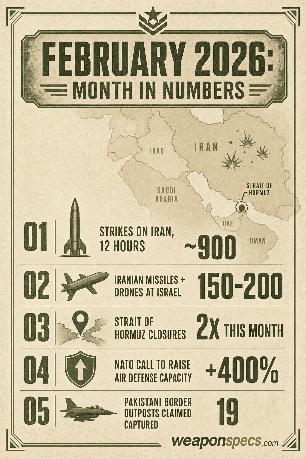 Ranked infographic of February 2026's top defense stories: roughly 900 strikes on Iran in 12 hours, Iran's missile and drone barrages at Israel, the UAE, and Qatar, the Strait of Hormuz blockade, and NATO's call for a 400 percent increase in air-defense capability.