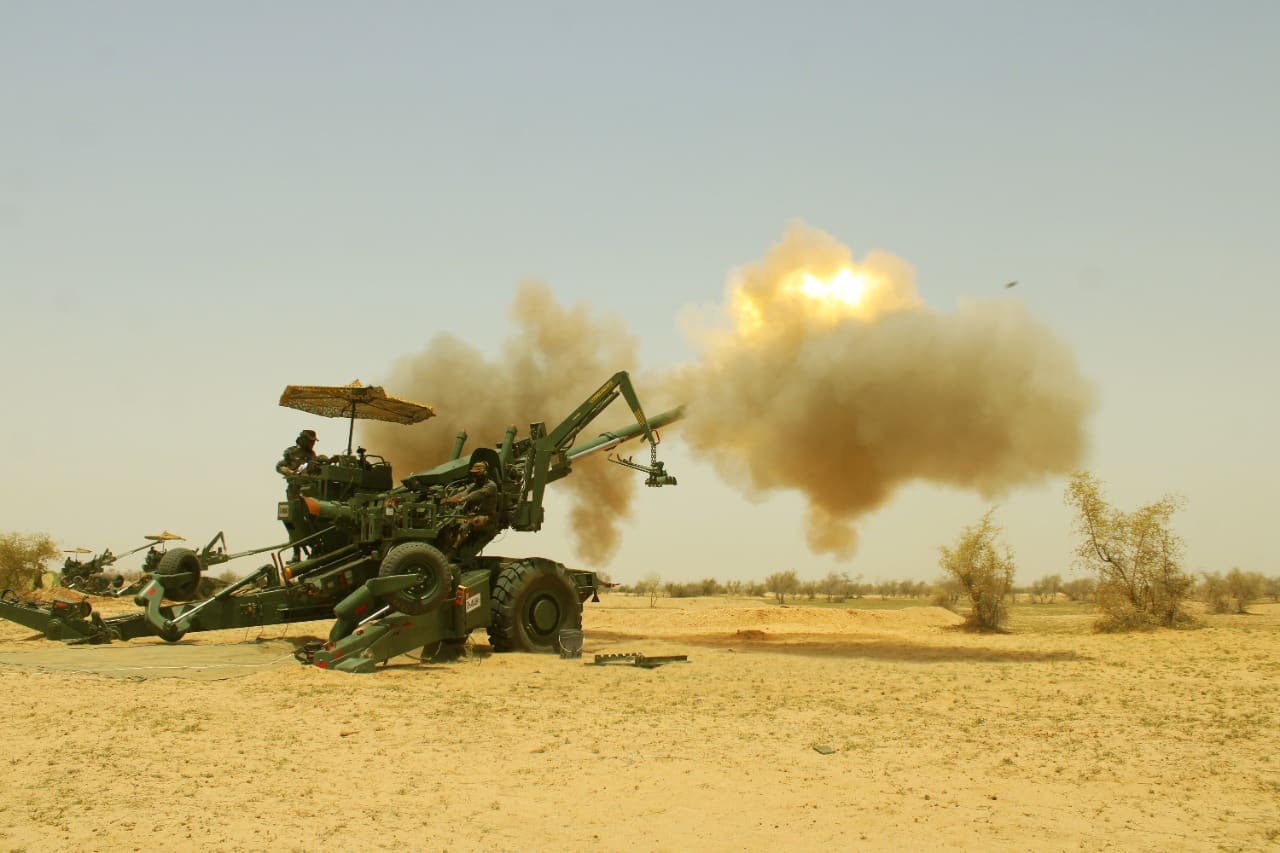Indian Army Dhanush towed howitzer firing during an operational deployment exercise