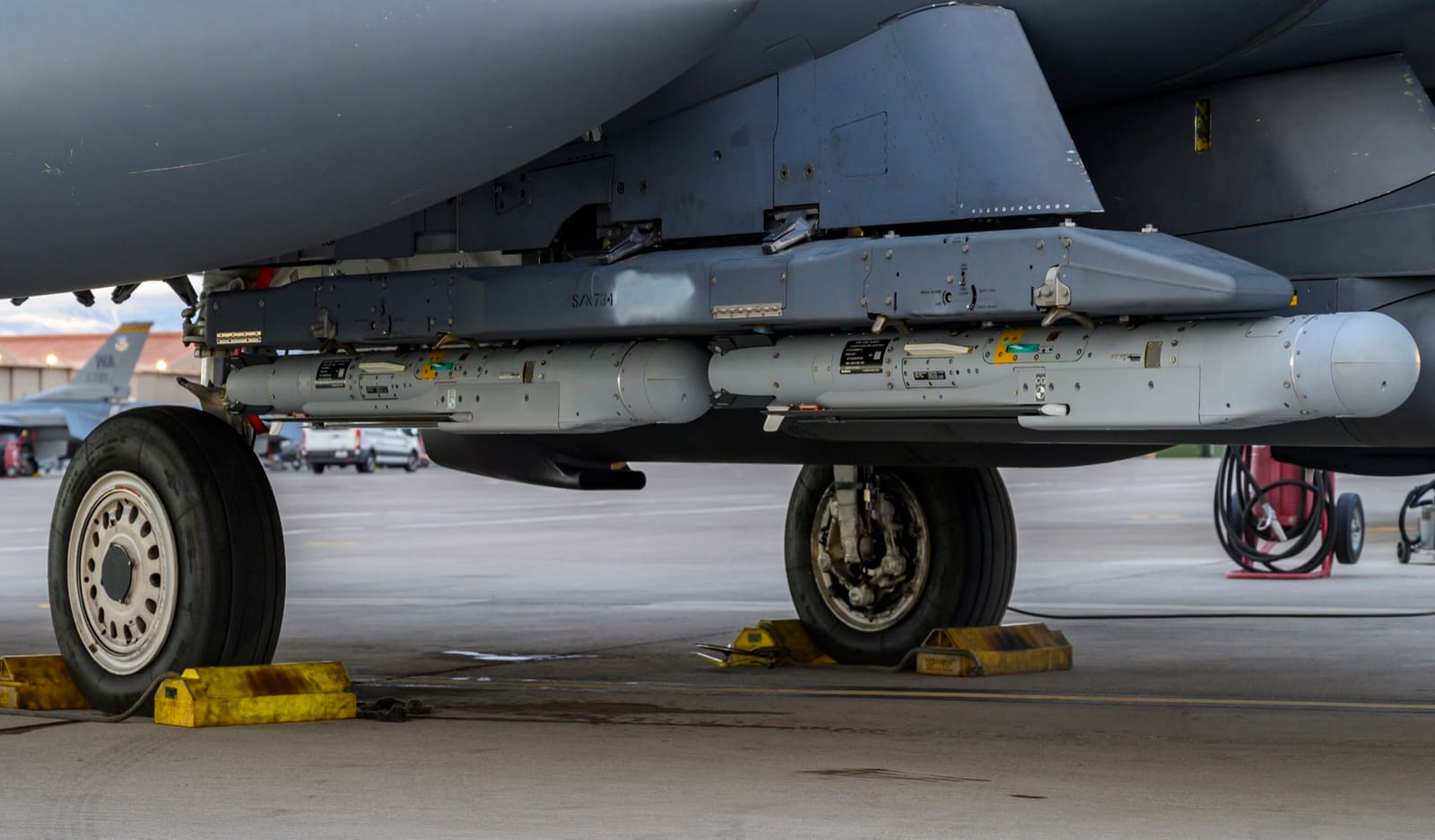 An F-15E Strike Eagle takes off from Nellis Air Force Base carrying GBU-53/B StormBreaker Small Diameter Bombs II