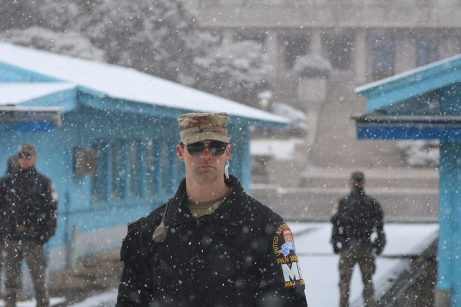 United Nations Command Joint Security Battalion soldiers standing guard at the Joint Security Area, Panmunjom, on the Korean Demilitarized Zone