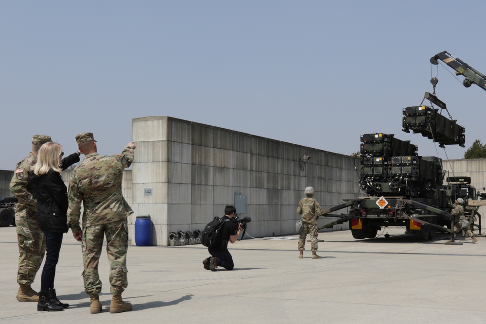 US Army soldiers with the 35th Air Defense Artillery Brigade conduct a Patriot missile reload drill at Osan Air Base, South Korea