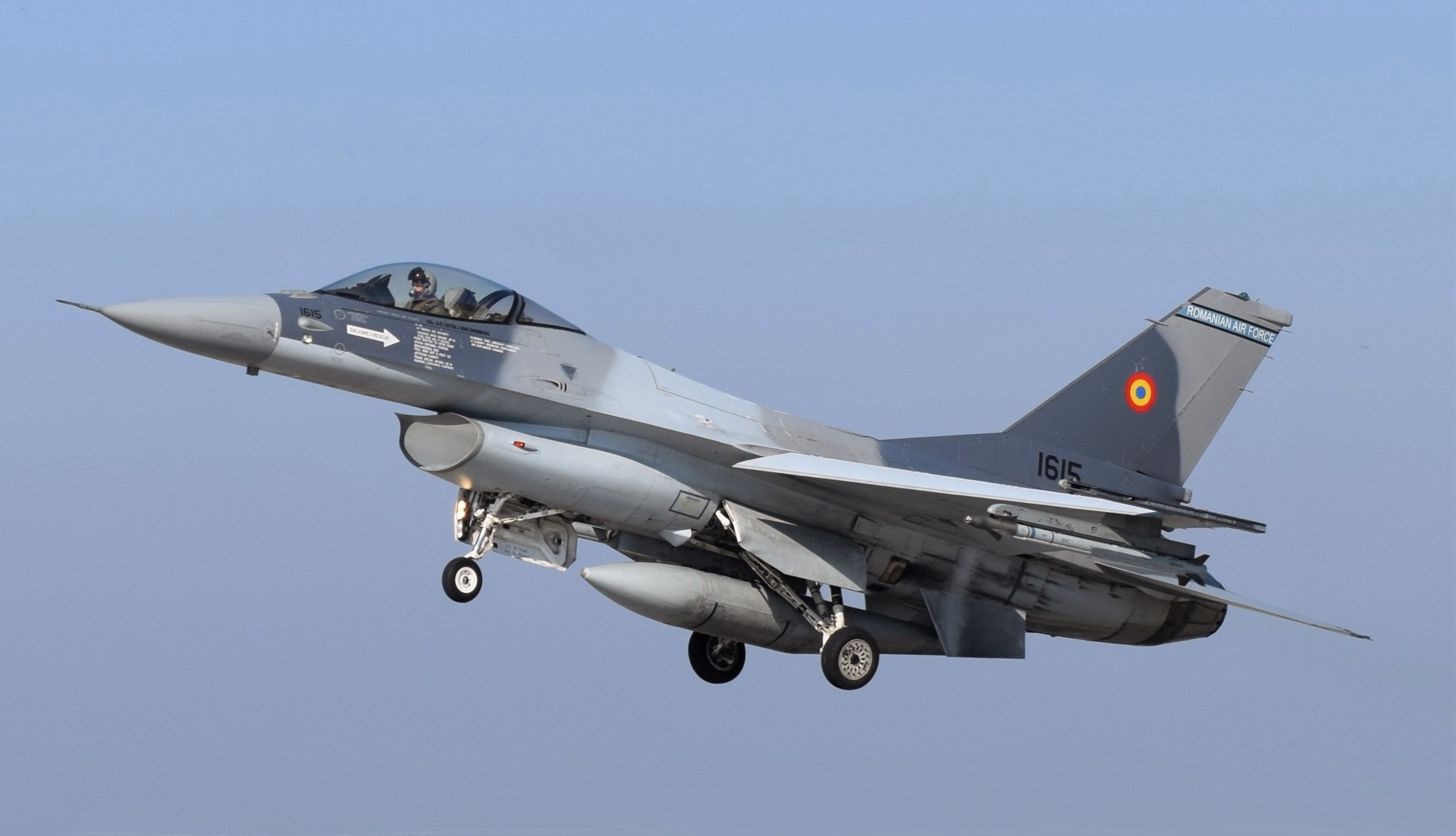A Romanian air force F-16 Fighting Falcon lands at Borcea Air Base, Romania, during Operation Castle Forge