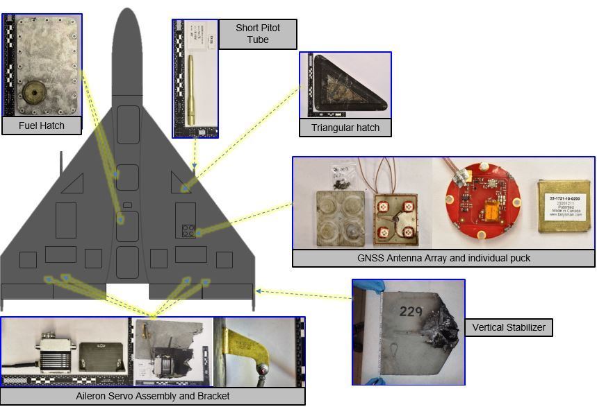 Fragments of a Shahed-136 drone laid out and labeled after recovery by a U.S. Navy explosive ordnance disposal team
