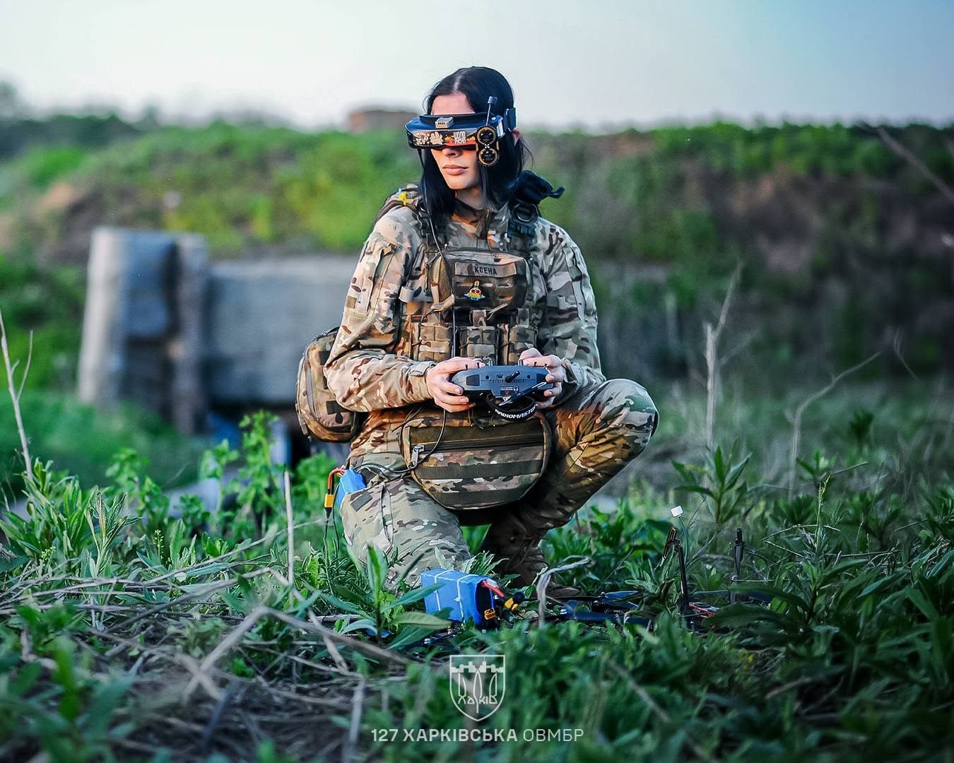Ukrainian FPV drone operator piloting a strike drone in the field