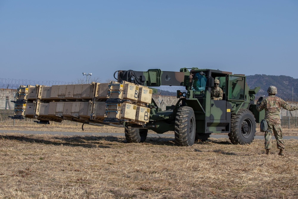 Soldiers of the 35th Air Defense Artillery Brigade move Patriot missile ammunition during training in South Korea