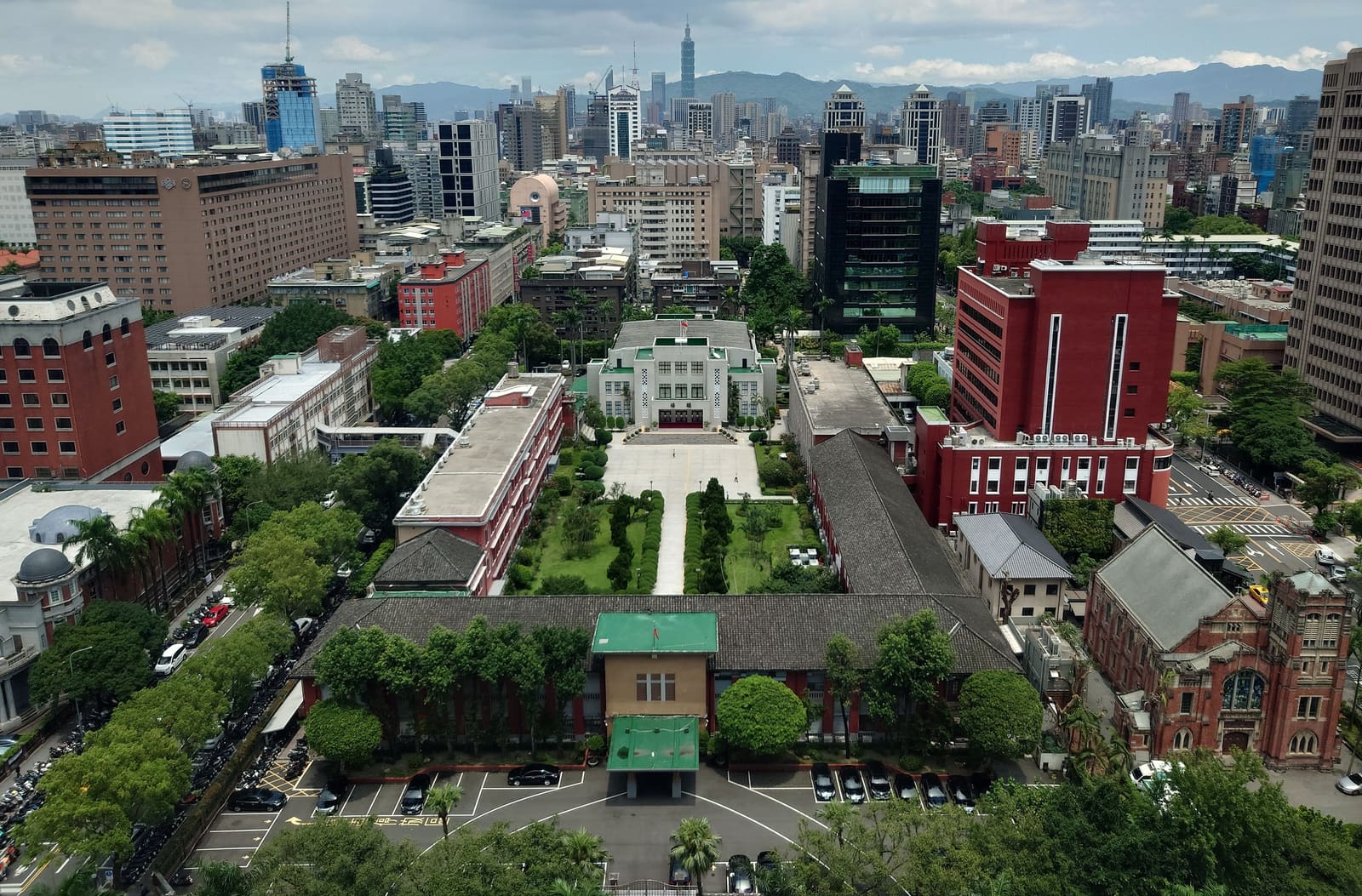 Exterior view of Taiwan's Legislative Yuan building and surrounding Taipei cityscape