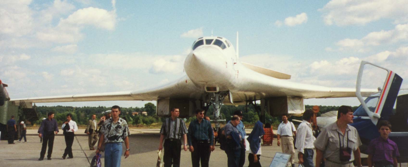 A Tupolev Tu-160 Blackjack strategic bomber on display at an airshow