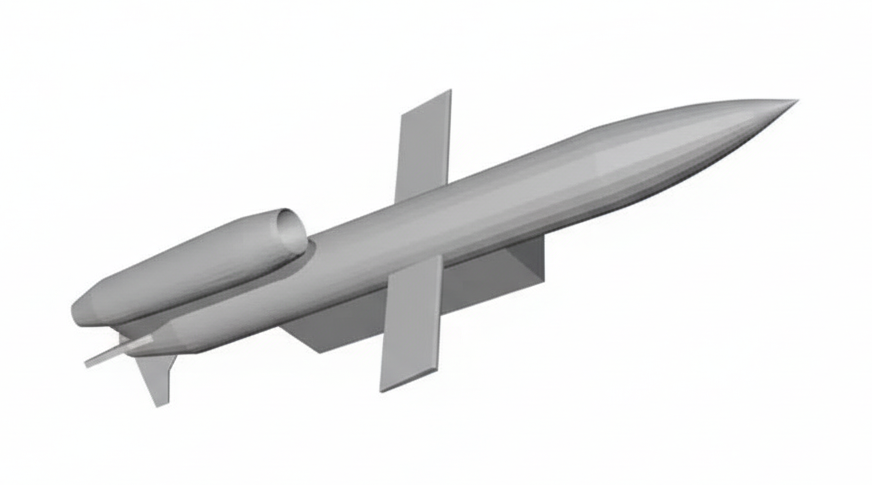 Technical line drawing of the FP-5 Flamingo cruise missile showing its airframe shape and dimensions