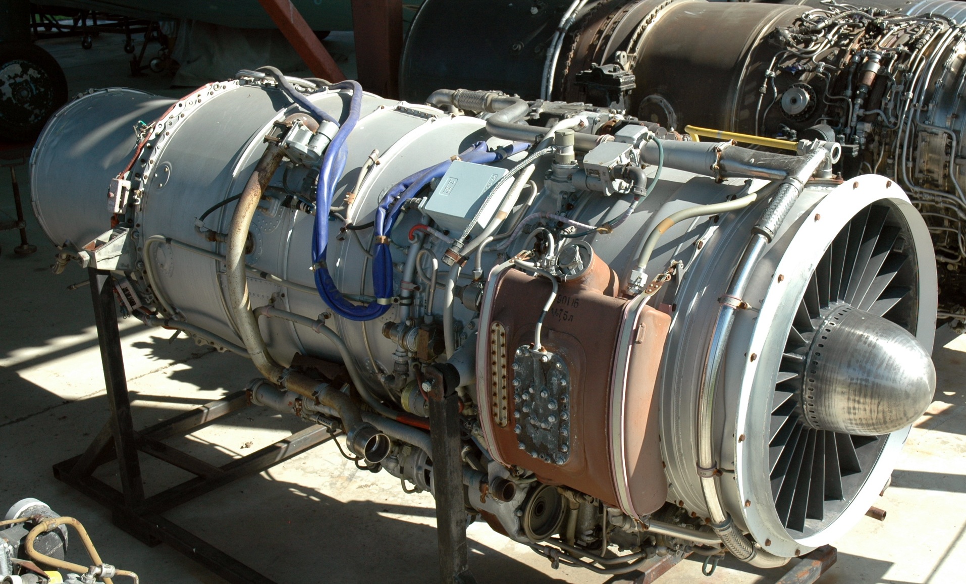 Ivchenko AI-25TL turbofan engine, the Soviet-era jet-trainer engine originally powering the Flamingo, on static display at the Hungarian Aviation Museum in Szolnok
