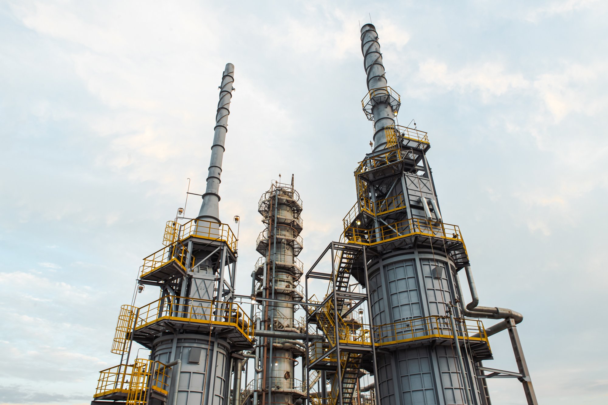 Aerial view of the Ilsky oil refinery complex and its processing towers in Krasnodar Krai, Russia