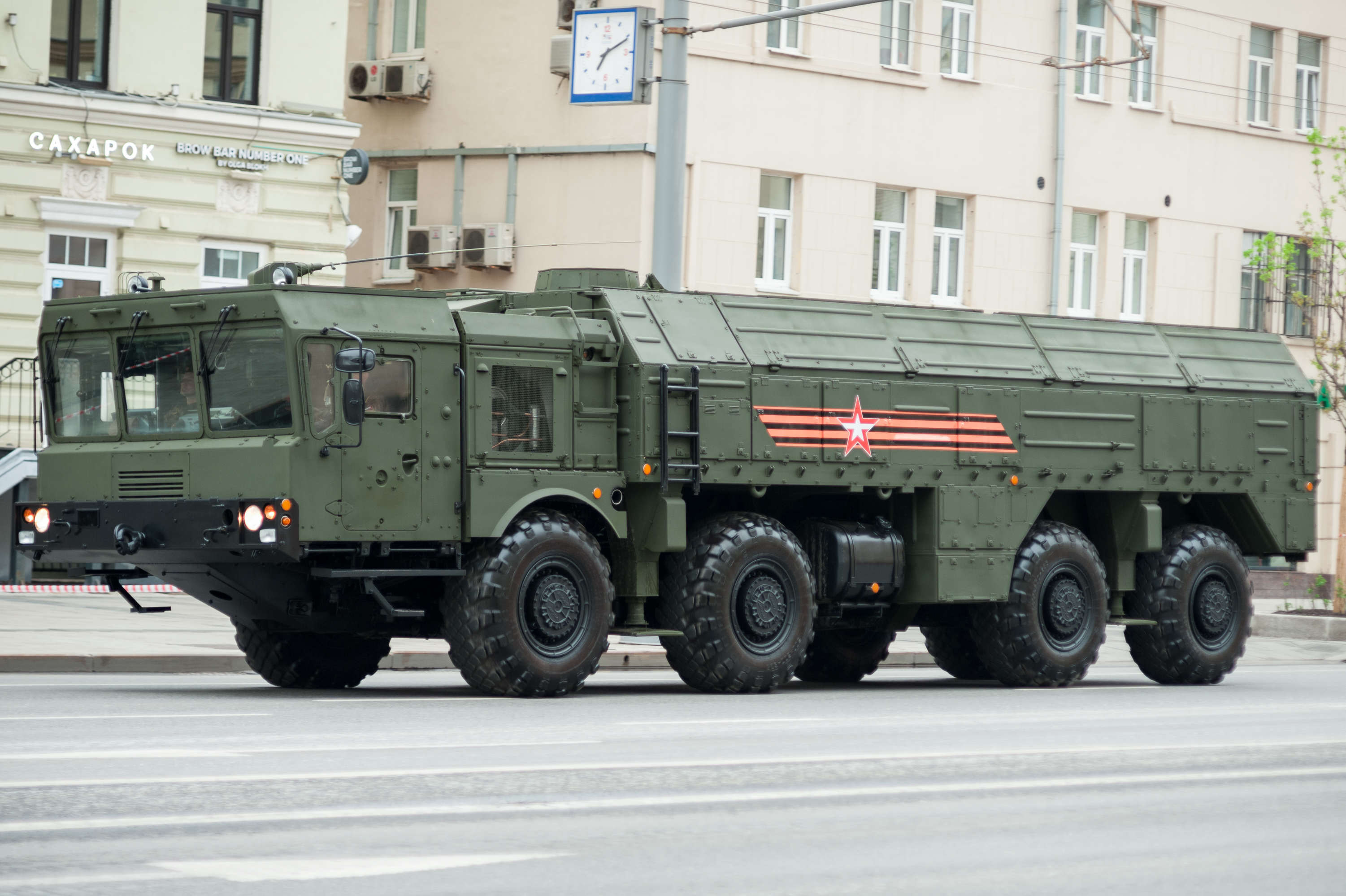 A 9K720 Iskander ballistic missile launcher on display during a Moscow parade rehearsal