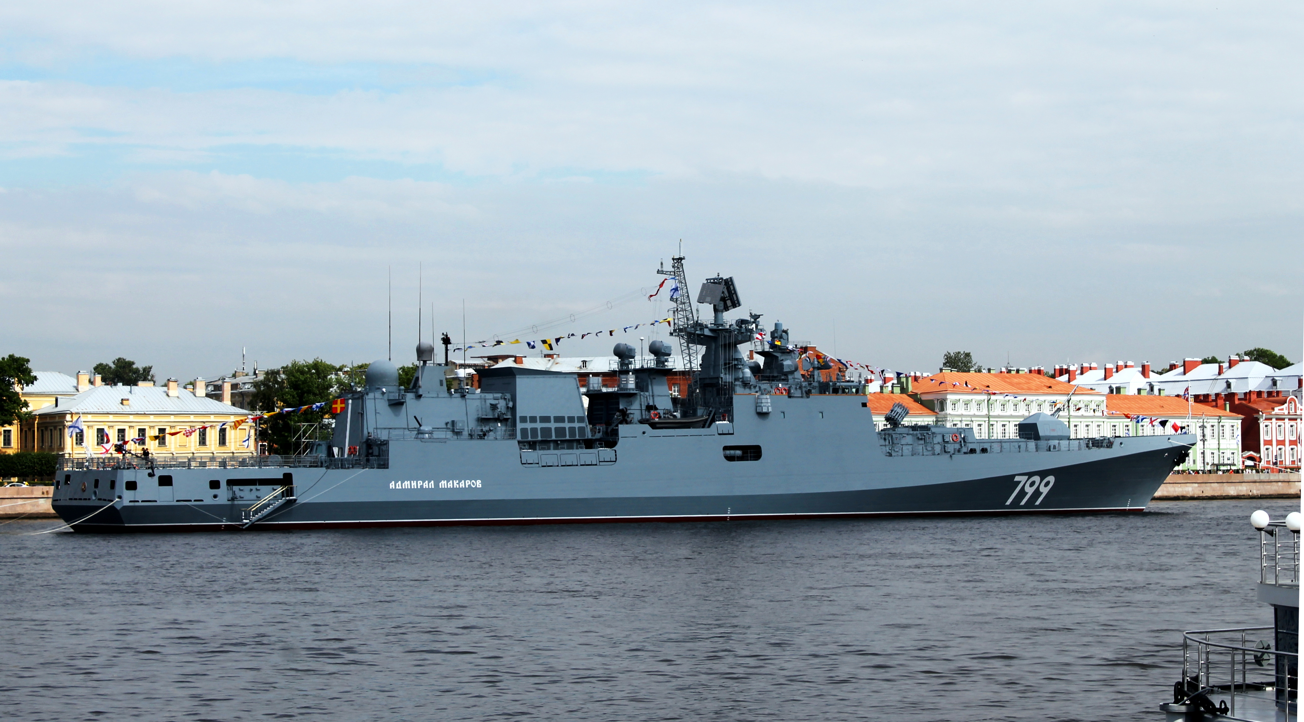 The Russian frigate Admiral Makarov, a Project 11356 warship, sailing on the Neva River in St. Petersburg