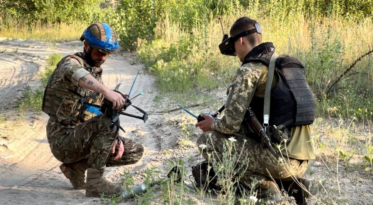 Ukrainian short-range FPV strike drones from the 25th Sicheslavska Brigade, arranged on a table before a mission