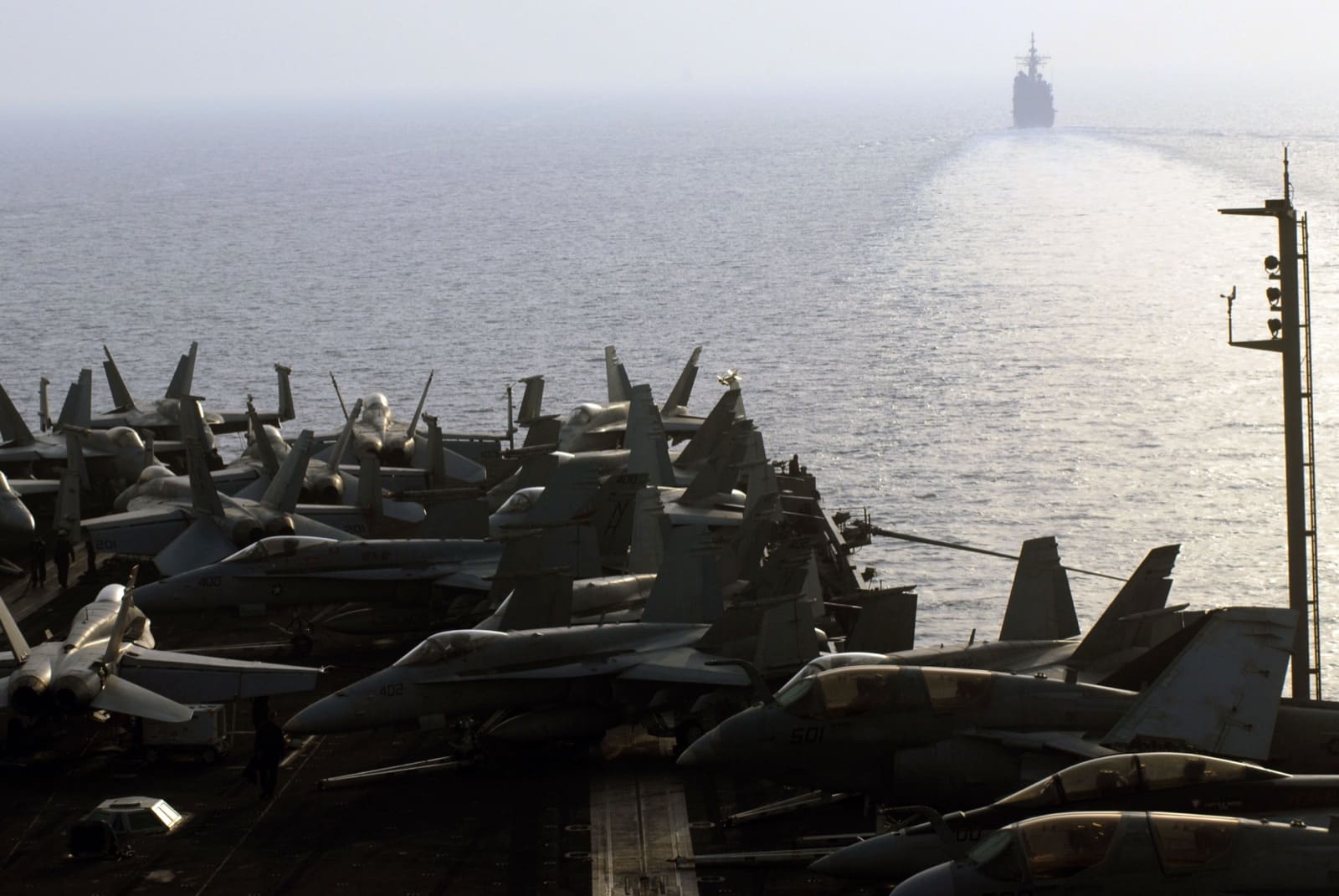 Guided-missile cruiser USS Princeton escorting aircraft carrier USS Nimitz through the Strait of Hormuz