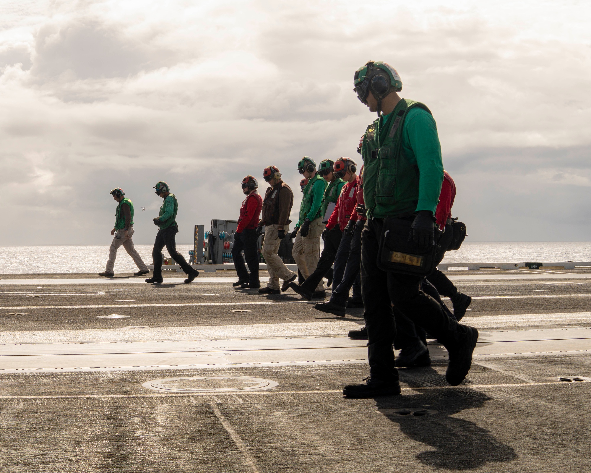 Sailors conduct a flight-deck foreign object debris walkdown aboard USS George Washington in the Philippine Sea