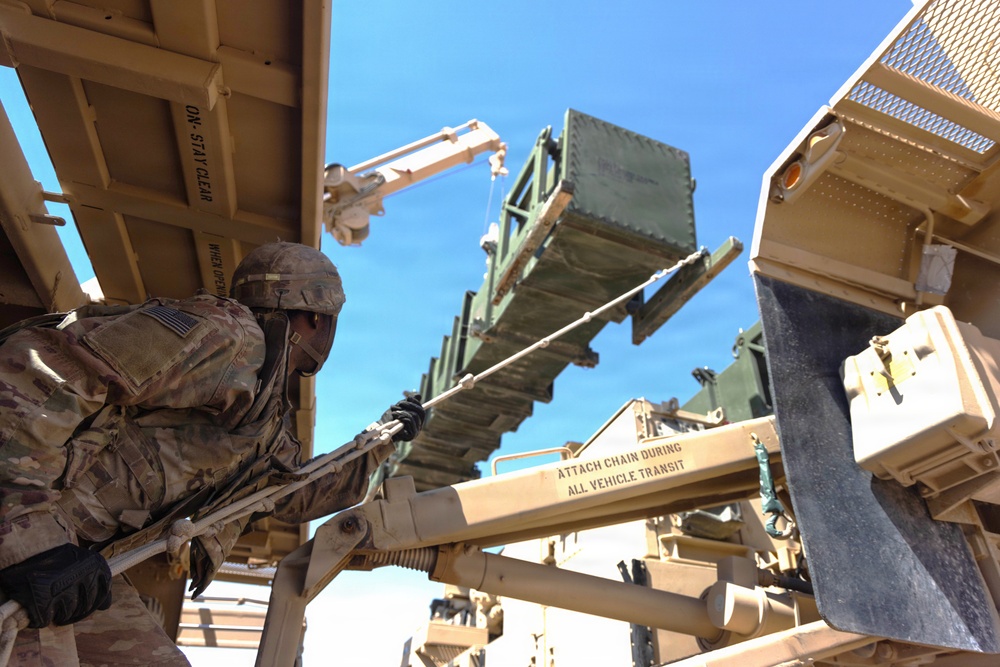 A U.S. Army air defense artilleryman reloads a MIM-104 Patriot missile launcher during Operation Epic Fury, CENTCOM area of responsibility, April 29, 2026
