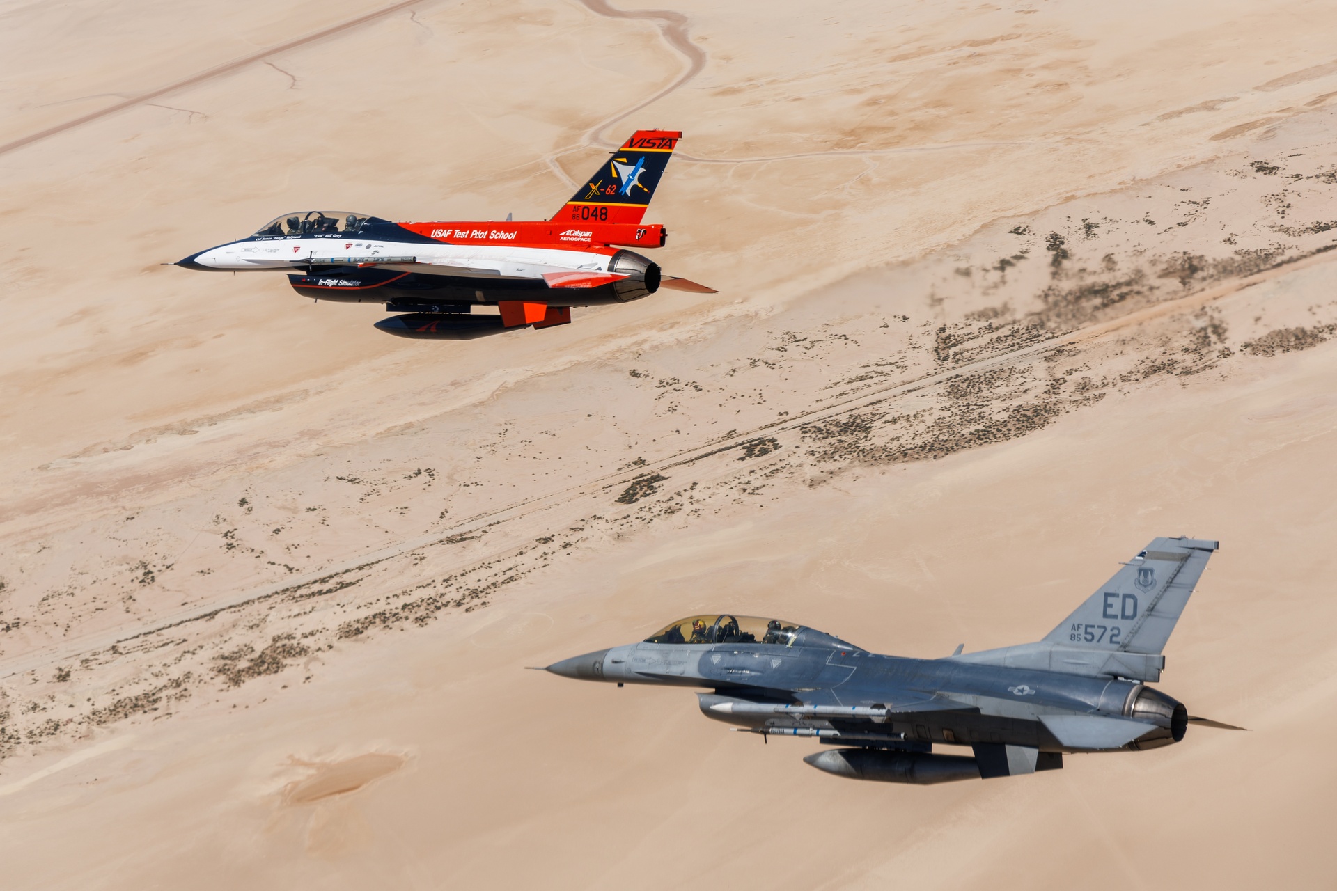 X-62A VISTA test aircraft flying above Edwards Air Force Base, California