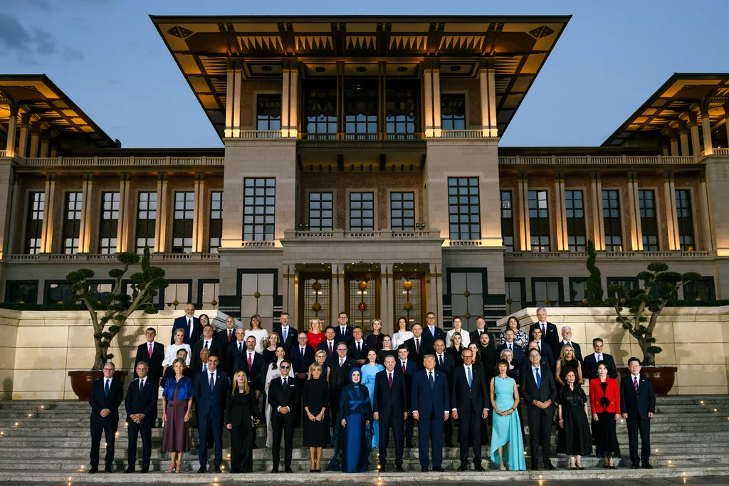 NATO leaders and Ukrainian President Volodymyr Zelenskyy pose for the official family photo at the Presidential Palace in Ankara during the 2026 NATO summit